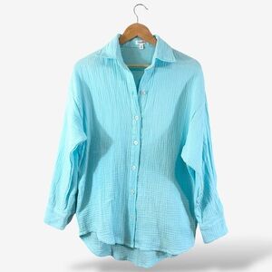 Vitamin A Boyfriend Shirt XS Aqua Blue Cotton Gauze Oversized Button Up Casual